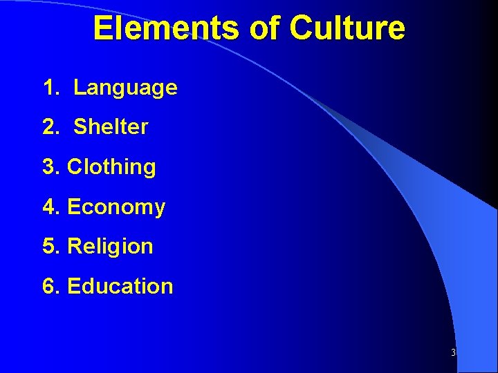 Elements of Culture 1. Language 2. Shelter 3. Clothing 4. Economy 5. Religion 6.