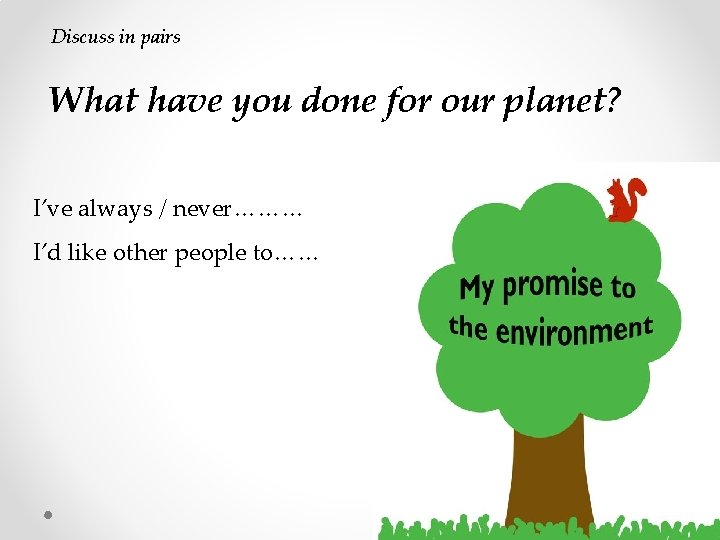 Discuss in pairs What have you done for our planet? I’ve always / never………