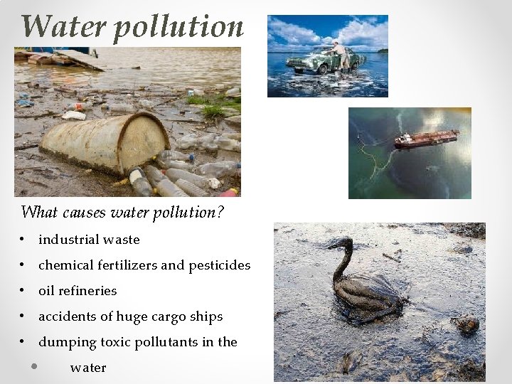 Water pollution What causes water pollution? • industrial waste • chemical fertilizers and pesticides