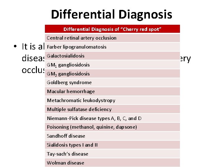 Differential Diagnosis of “Cherry red spot” Central retinal artery occlusion Farber lipogranulomatosis • It