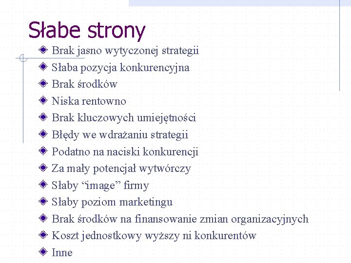 Słabe strony Brak jasno wytyczonej strategii Słaba pozycja konkurencyjna Brak środków Niska rentowno Brak