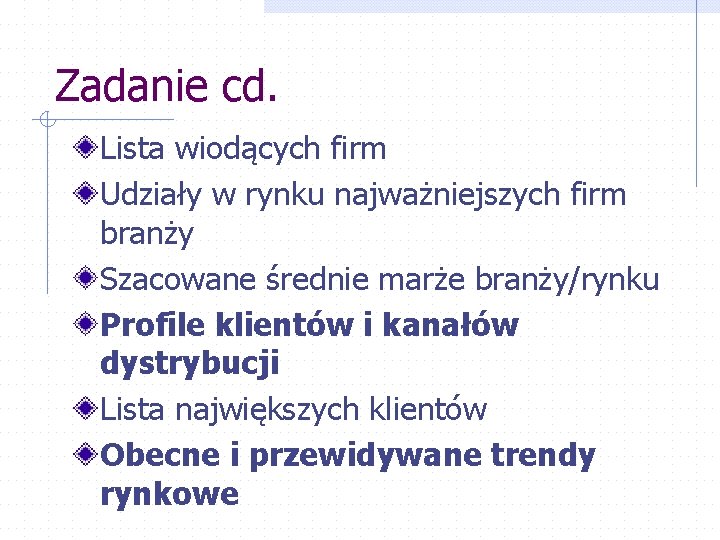 Zadanie cd. Lista wiodących firm Udziały w rynku najważniejszych firm branży Szacowane średnie marże