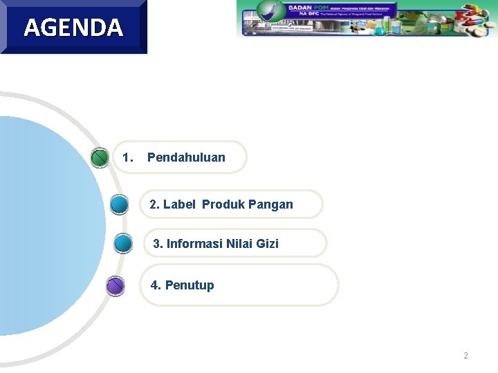 AGENDA 1. Pendahuluan 2. Label Produk Pangan 3. Informasi Nilai Gizi 4. Penutup 2