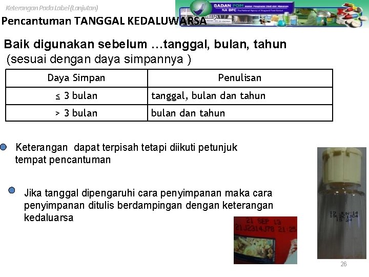 Keterangan Pada Label (Lanjutan) Pencantuman TANGGAL KEDALUWARSA Baik digunakan sebelum …tanggal, bulan, tahun (sesuai