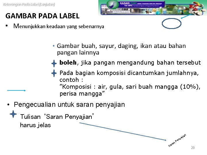 Keterangan Pada Label (Lanjutan) GAMBAR PADA LABEL • Menunjukkan keadaan yang sebenarnya • Gambar