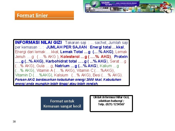 Format linier INFORMASI NILAI GIZI Takaran saji : . . . sachet, Jumlah saji