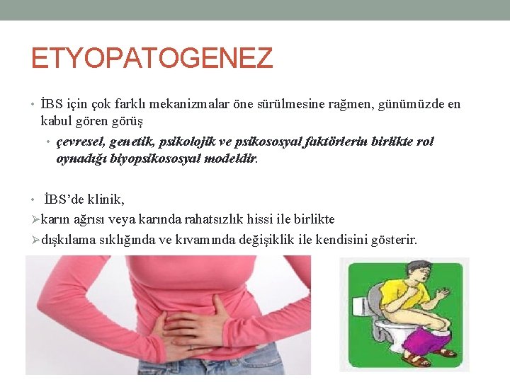 ETYOPATOGENEZ • İBS için çok farklı mekanizmalar öne sürülmesine rağmen, günümüzde en kabul gören