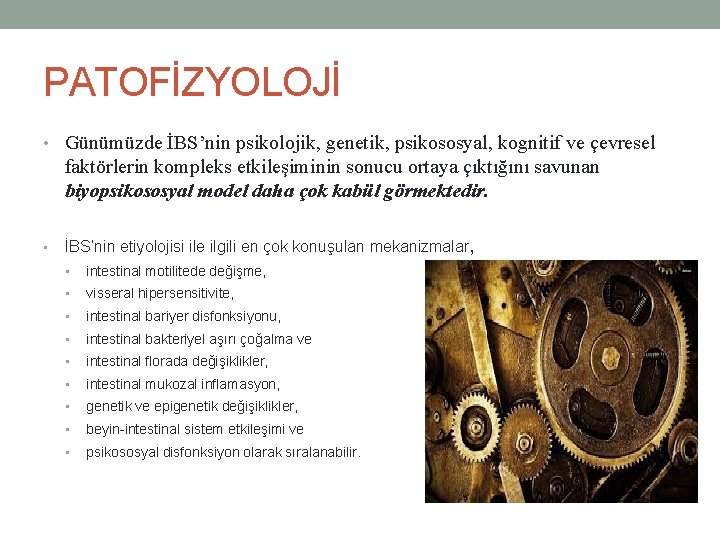 PATOFİZYOLOJİ • Günümüzde İBS’nin psikolojik, genetik, psikososyal, kognitif ve çevresel faktörlerin kompleks etkileşiminin sonucu