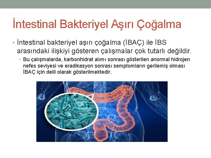 İntestinal Bakteriyel Aşırı Çoğalma • İntestinal bakteriyel aşırı çoğalma (İBAÇ) ile İBS arasındaki ilişkiyi