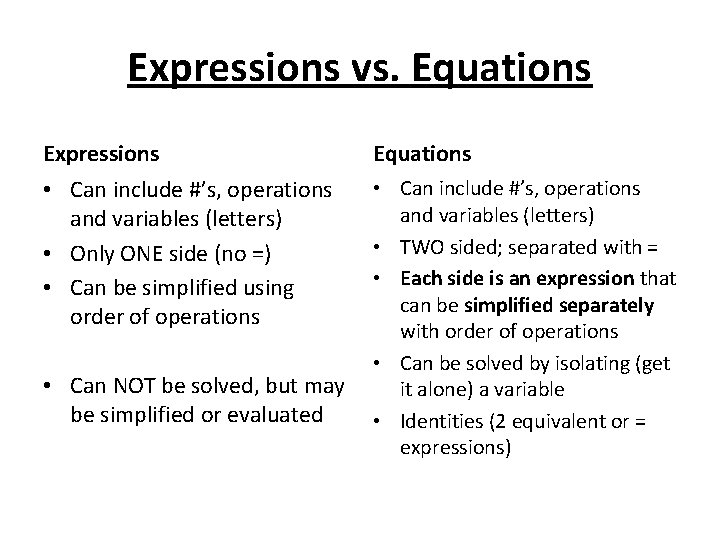 Expressions vs. Equations Expressions Equations • Can include #’s, operations and variables (letters) •