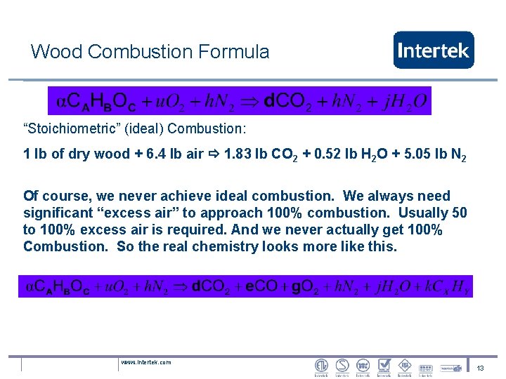 Wood Combustion Formula “Stoichiometric” (ideal) Combustion: 1 lb of dry wood + 6. 4