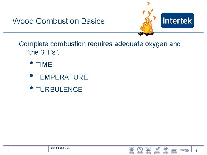 Wood Combustion Basics Complete combustion requires adequate oxygen and “the 3 T’s”. • TIME