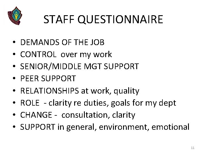 STAFF QUESTIONNAIRE • • DEMANDS OF THE JOB CONTROL over my work SENIOR/MIDDLE MGT