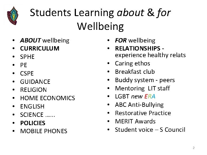 Students Learning about & for Wellbeing • • • ABOUT wellbeing CURRICULUM SPHE PE