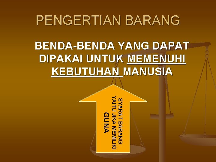 PENGERTIAN BARANG BENDA-BENDA YANG DAPAT DIPAKAI UNTUK MEMENUHI KEBUTUHAN MANUSIA SYARAT BARANG: YAITU JIKA