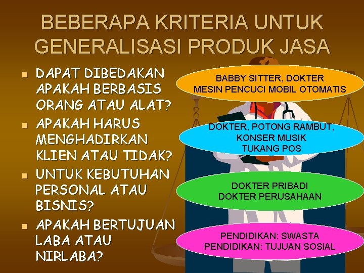 BEBERAPA KRITERIA UNTUK GENERALISASI PRODUK JASA n n DAPAT DIBEDAKAN APAKAH BERBASIS ORANG ATAU