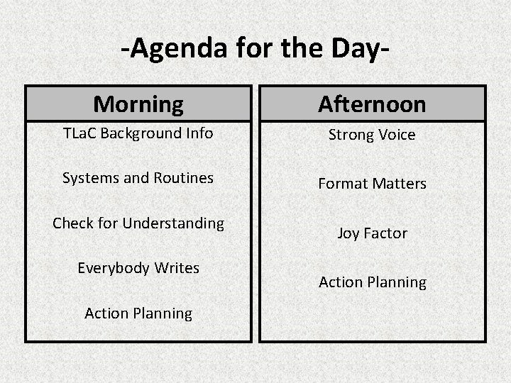 -Agenda for the Day. Morning Afternoon TLa. C Background Info Strong Voice Systems and