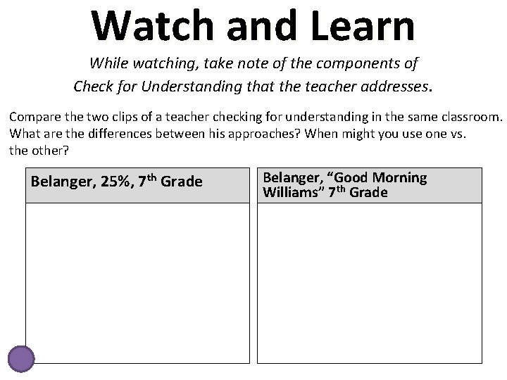 Watch and Learn While watching, take note of the components of Check for Understanding