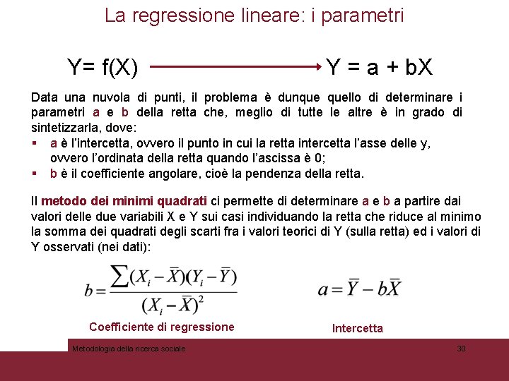 La regressione lineare: i parametri Y= f(X) Y = a + b. X Data