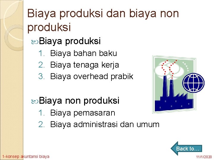 Biaya produksi dan biaya non produksi Biaya produksi 1. Biaya bahan baku 2. Biaya