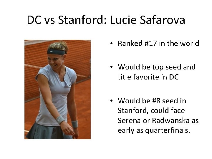 DC vs Stanford: Lucie Safarova • Ranked #17 in the world • Would be
