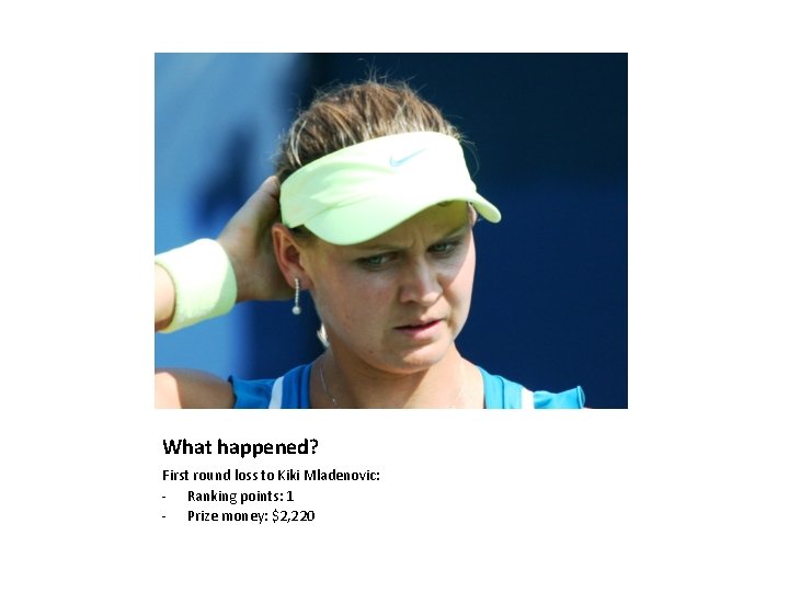 What happened? First round loss to Kiki Mladenovic: - Ranking points: 1 - Prize