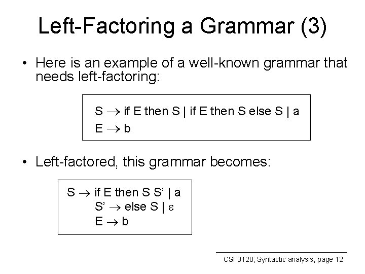 Left-Factoring a Grammar (3) • Here is an example of a well-known grammar that