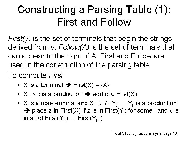 Constructing a Parsing Table (1): First and Follow First(y) is the set of terminals