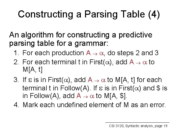 Constructing a Parsing Table (4) An algorithm for constructing a predictive parsing table for