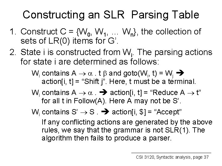 Constructing an SLR Parsing Table 1. Construct C = {W 0, W 1, …