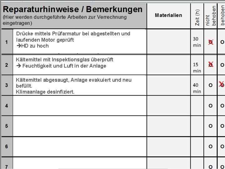 Drücke mittels Prüfarmatur bei abgestellten und laufenden Motor geprüft HD zu hoch Kältemittel mit