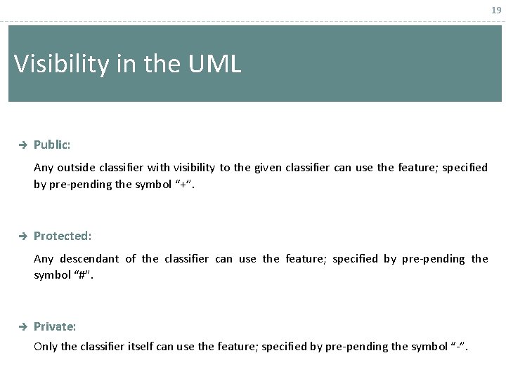 19 Visibility in the UML è Public: Any outside classifier with visibility to the