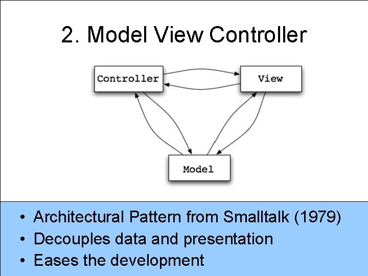 2. Model View Controller • Architectural Pattern from Smalltalk (1979) • Decouples data and