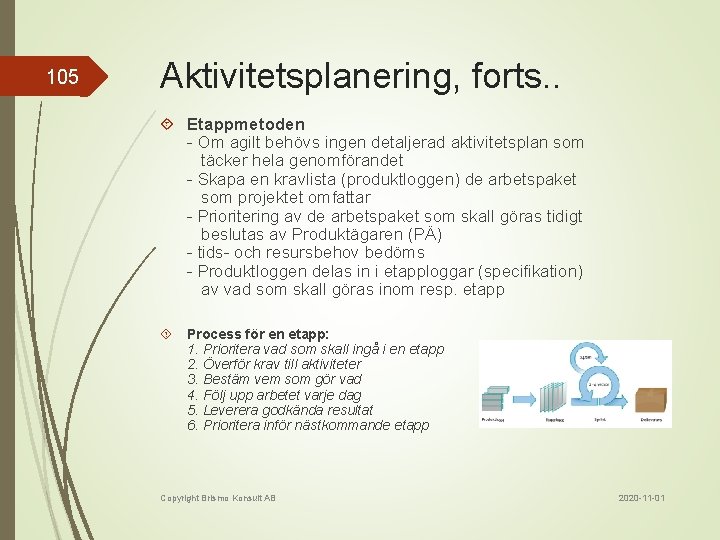 105 Aktivitetsplanering, forts. . Etappmetoden - Om agilt behövs ingen detaljerad aktivitetsplan som täcker