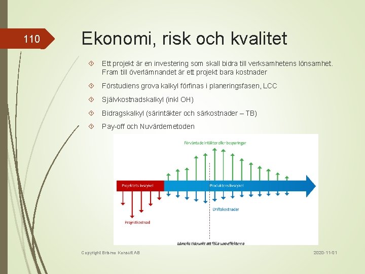 110 Ekonomi, risk och kvalitet Ett projekt är en investering som skall bidra till