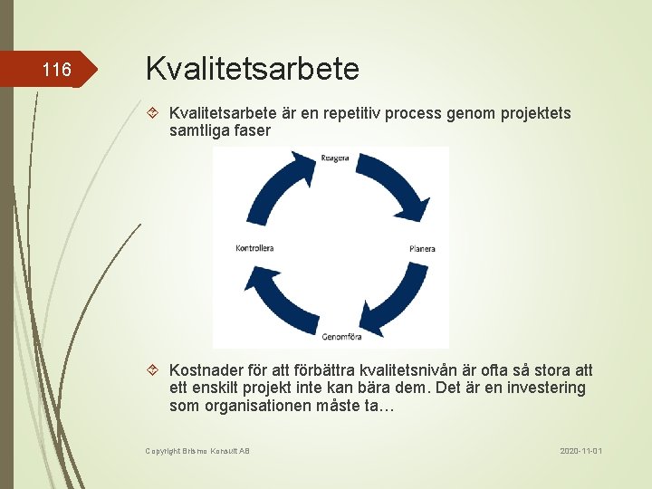 116 Kvalitetsarbete är en repetitiv process genom projektets samtliga faser Kostnader för att förbättra