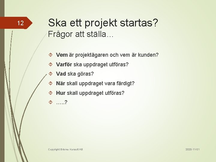 12 Ska ett projekt startas? Frågor att ställa… Vem är projektägaren och vem är