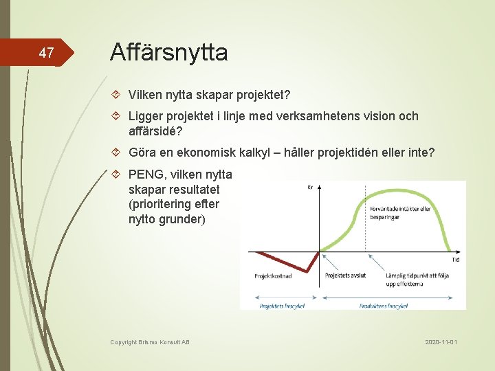 47 Affärsnytta Vilken nytta skapar projektet? Ligger projektet i linje med verksamhetens vision och