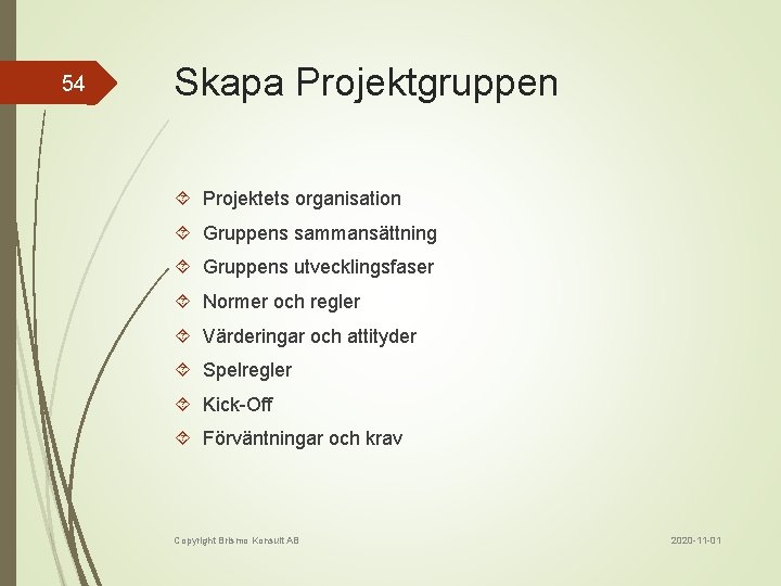 54 Skapa Projektgruppen Projektets organisation Gruppens sammansättning Gruppens utvecklingsfaser Normer och regler Värderingar och