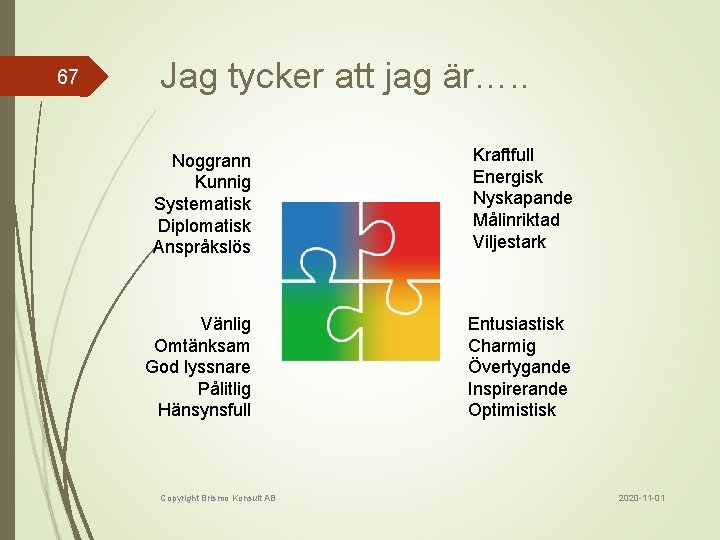67 Jag tycker att jag är…. . Noggrann Kunnig Systematisk Diplomatisk Anspråkslös Kraftfull Energisk