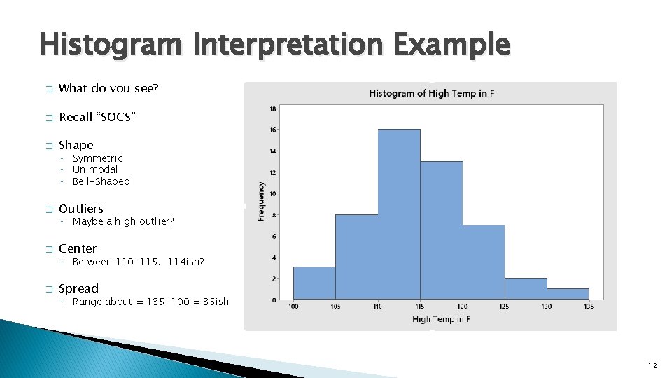 Histogram Interpretation Example � What do you see? � Recall “SOCS” � Shape ◦