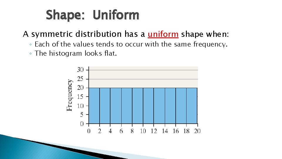 Shape: Uniform A symmetric distribution has a uniform shape when: ◦ Each of the