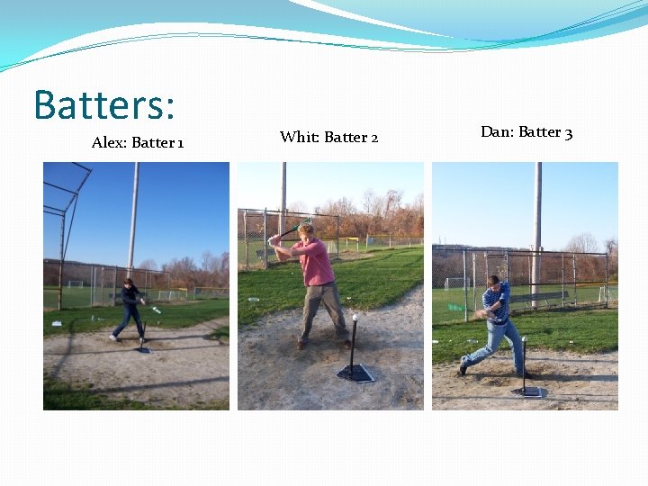 Batters: Alex: Batter 1 Whit: Batter 2 Dan: Batter 3 