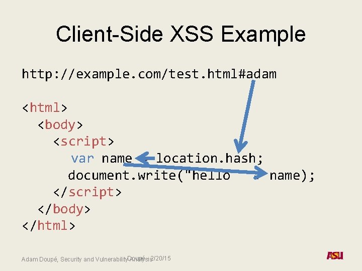 Client-Side XSS Example http: //example. com/test. html#adam <html> <body> <script> var name = location.