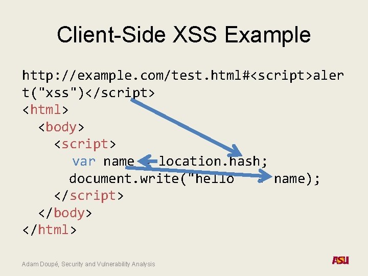 Client-Side XSS Example http: //example. com/test. html#<script>aler t("xss")</script> <html> <body> <script> var name =