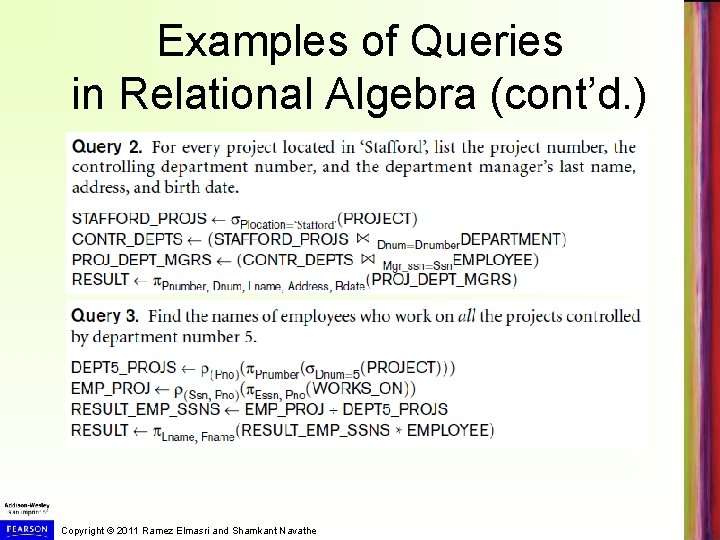 Examples of Queries in Relational Algebra (cont’d. ) Copyright © 2011 Ramez Elmasri and