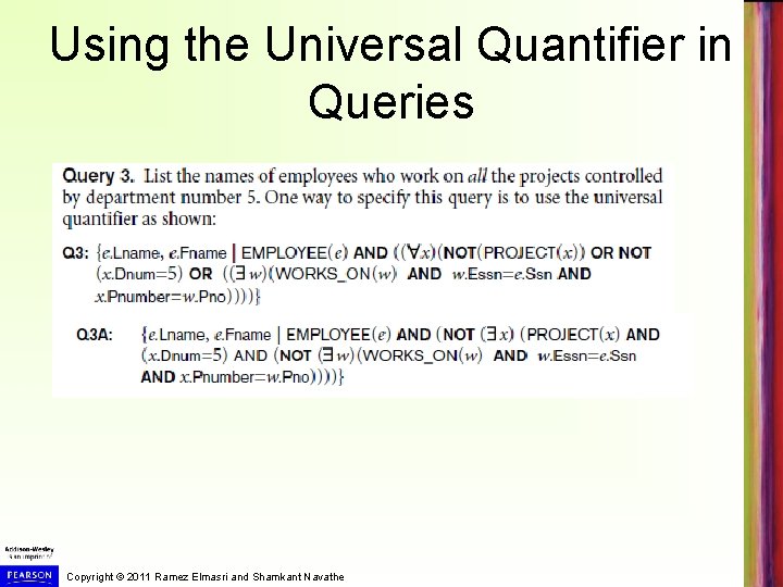 Using the Universal Quantifier in Queries Copyright © 2011 Ramez Elmasri and Shamkant Navathe