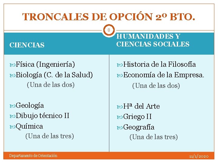 TRONCALES DE OPCIÓN 2º BTO. 8 CIENCIAS HUMANIDADES Y CIENCIAS SOCIALES Física (Ingeniería) Historia