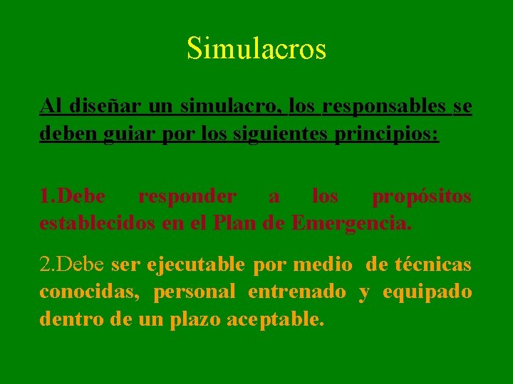 Simulacros Al diseñar un simulacro, los responsables se deben guiar por los siguientes principios: