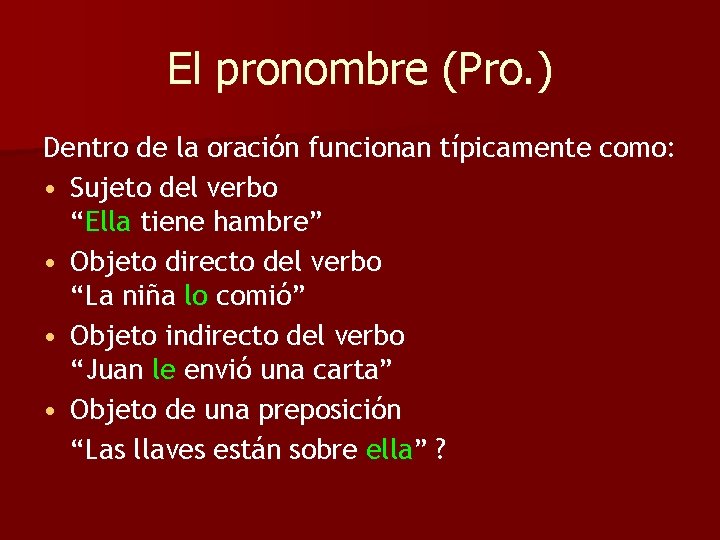 El pronombre (Pro. ) Dentro de la oración funcionan típicamente como: • Sujeto del